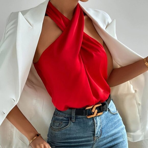 Red Womens Solid Cross Front Backless Halter Top - Picture 1 of 6